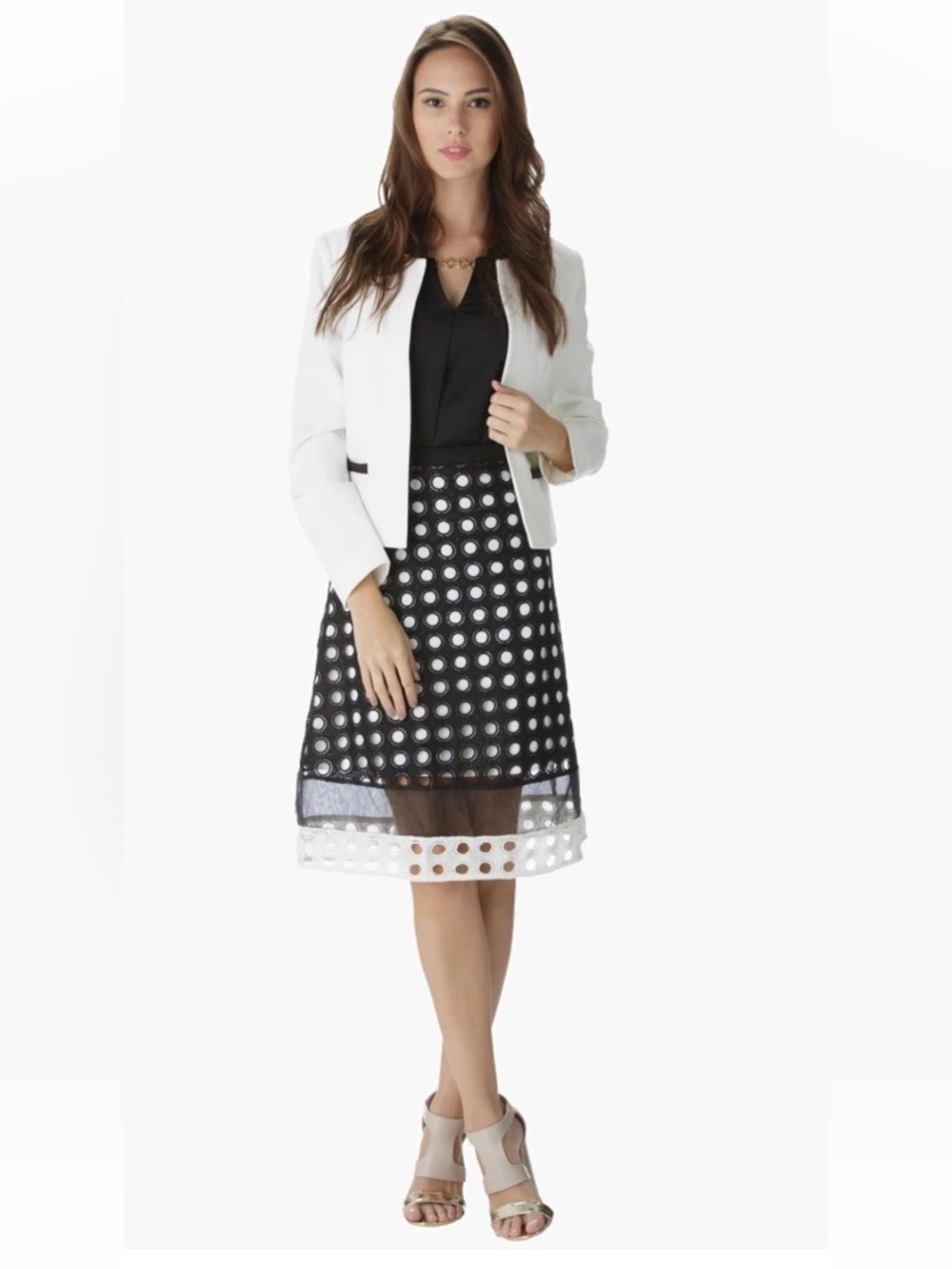 Alexis Black and White Polka Dot Mesh Midi Skirt Sz Small